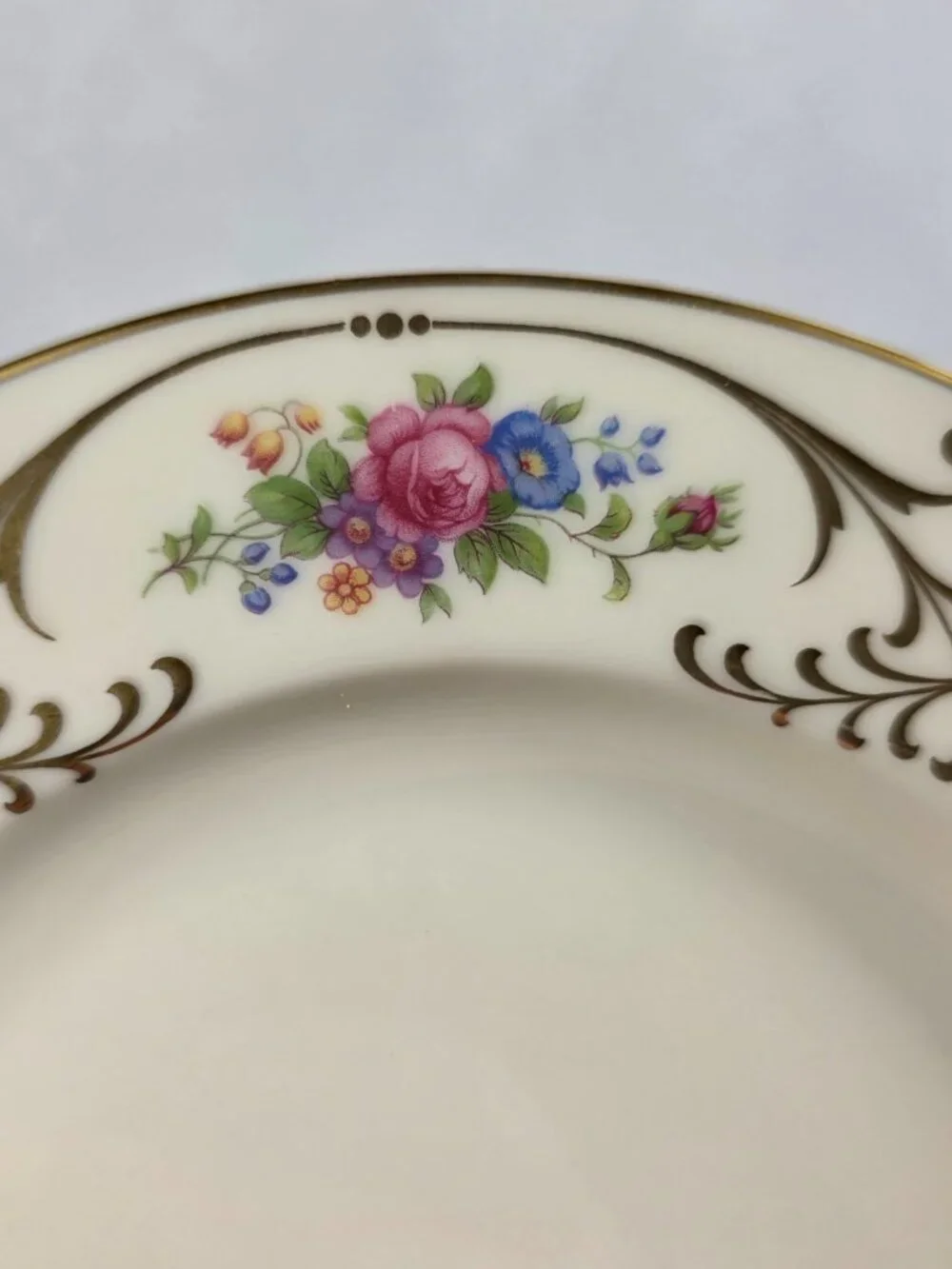 TWO Lenox Radience Luncheon Plates Ivory with Rose Bouquets, Gold Scrolls & Trim